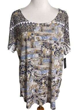 Style & Co. Scoop Neck Printed Short Sleeve Top in Blue, Tan & Cream